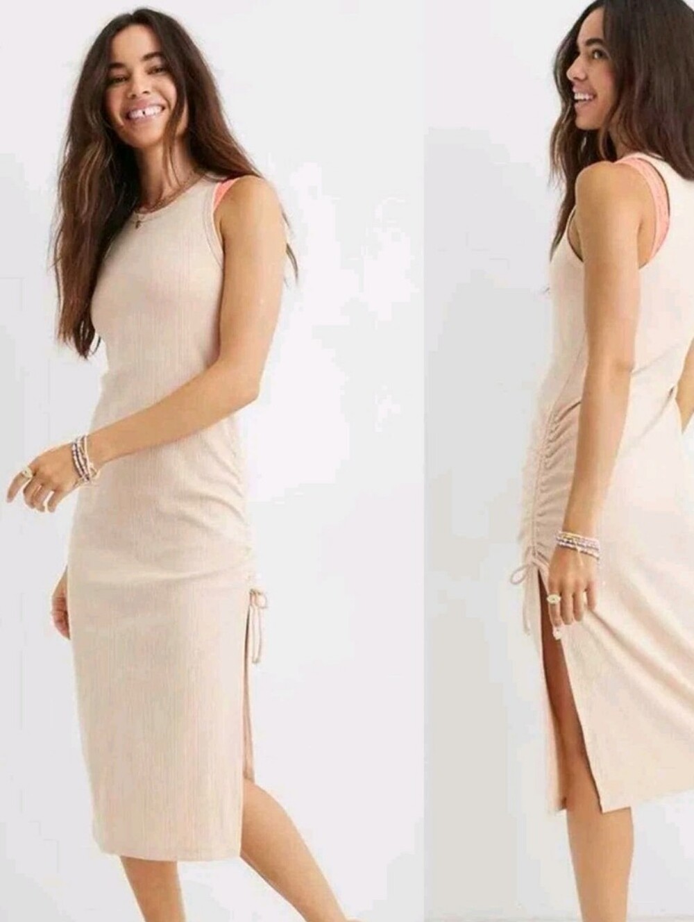 Aerie Sleeveless Ribbed Midi Dress in Light Beige Size Small